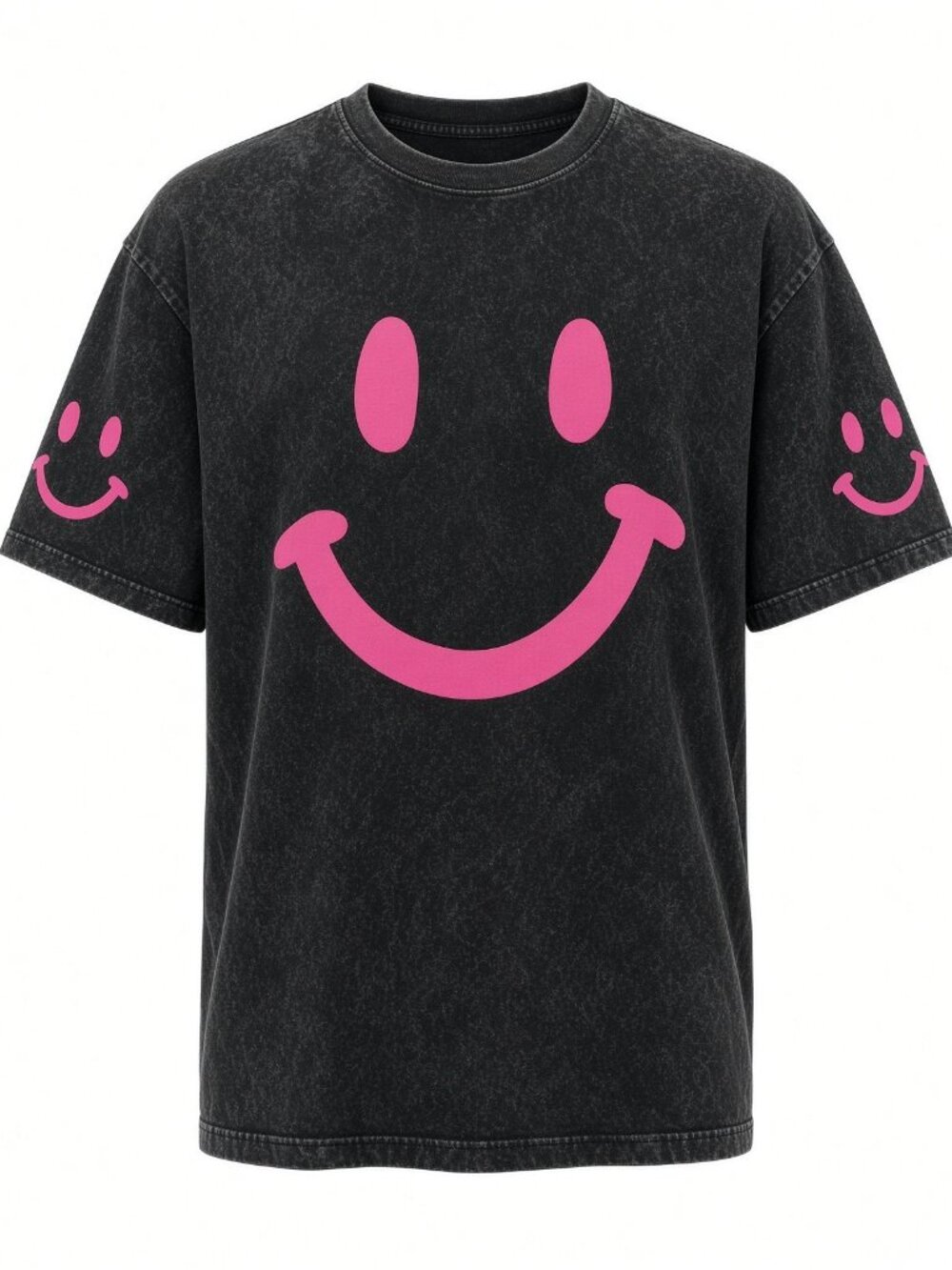 Hot Pink Smiley Face Acid Wash Black Graphic Tee
